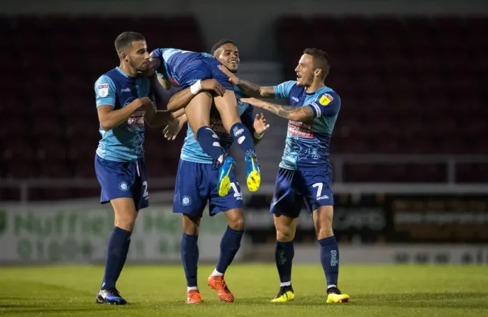 Framed Print : The team celebrate Scott Kashkets goal